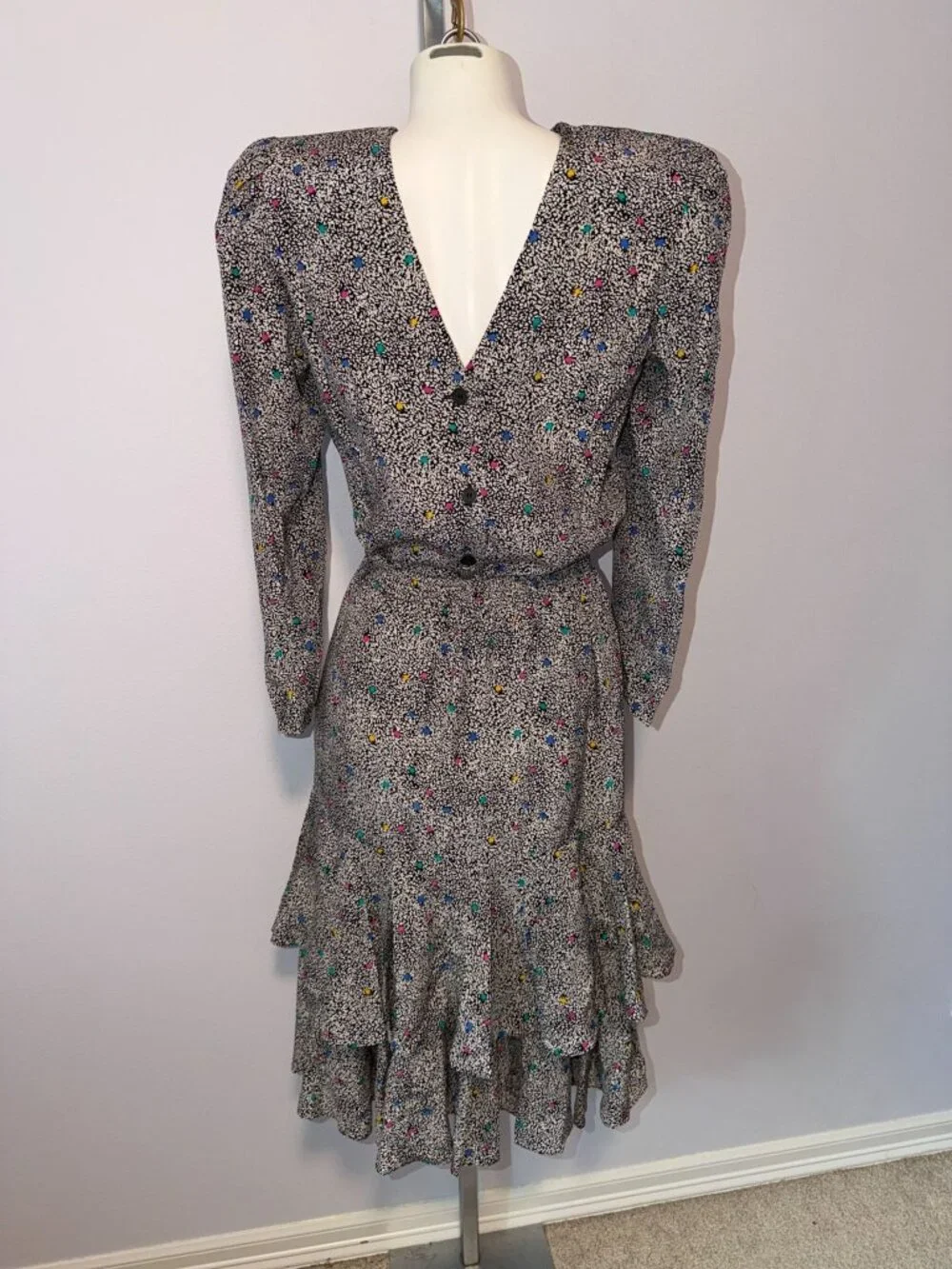 Vintage 80s Silk Studio Skirt Blouse Set 100% Silk Confetti Print Ruffle 2 Piece - Picture 4 of 8